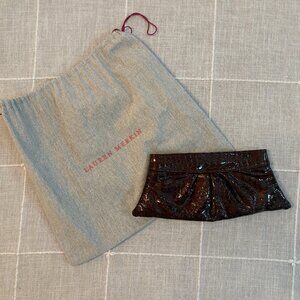 Lauren Merkin Brown Patent Croc-Embossed Clutch + Dust Bag
